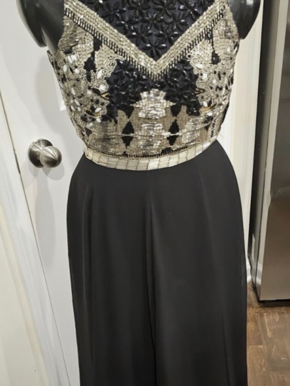 Black Prom Evening Gown Dress with Gold and Silver Beaded Bodice